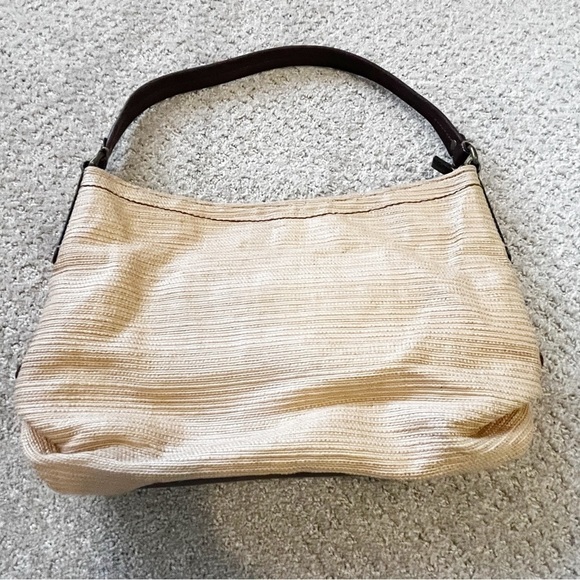 Fossil Coated Woven Canvas Shoulder Handbag Spring Fall Tan Leather Snap Key - Picture 1 of 11